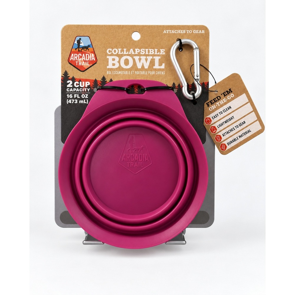 Arcadia Trail Berry Collapsible Dog Bowl 2 Cup 16 oz With Carabiner NWT